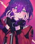  1boy absurdres aqua_eyes ayase_mayoi black_choker black_gloves black_shirt blush braid choker ensemble_stars! fingerless_gloves gloves head_rest highres jacket konnichiwa_desu long_hair male_focus mole mole_under_eye multicolored_background o-ring o-ring_choker purple_background purple_hair red_background red_jacket sharp_teeth shirt smile solo teeth turtleneck 