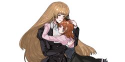  2girls ascot black_corset black_dress black_skirt brown_hair chinese_commentary closed_eyes commentary_request corset crown dress hug juewang_de_da_zhu juliet_sleeves long_hair long_sleeves medium_hair mini_crown mother_and_child mother_and_daughter multiple_girls parent_and_child pink_shirt profile puffy_sleeves shirt skirt smile umineko_no_naku_koro_ni ushiromiya_maria ushiromiya_rosa white_ascot white_background 