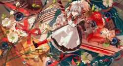  1girl absurdres apron black_dress black_shoes cake cake_slice collared_dress dress flower food frilled_apron frills from_above full_body grey_eyes grey_hair hair_flower hair_ornament hair_over_one_eye highres indoors isekaijoucho juliet_sleeves kamitsubaki_studio kneehighs leg_up loafers long_hair long_sleeves maid_apron maid_headdress medium_dress multicolored_hair nyansky parted_lips puffy_sleeves red_flower red_socks red_streaks shoes sidelocks sitting socks solo strawberry_cake streaked_hair white_flower 