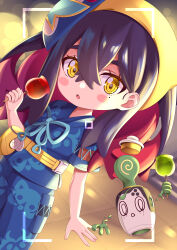  1girl :o absurdres blue_shirt blue_shorts blush_stickers candy_apple carmine_(pokemon) chibi chibi_only commentary_request crossed_bangs fanny_pack food hair_between_eyes hairband hand_up highres holding looking_at_viewer mole mole_under_eye open_mouth pokemon pokemon_(creature) pokemon_scarlet_and_violet poltchageist shirt short_sleeves shorts ssaaggwwaa viewfinder yellow_eyes yellow_hairband zipper_pull_tab 