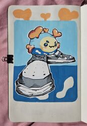  :3 absurdres among_us_drip_(meme) blush closed_mouth commentary creature creature_focus english_commentary full_body highres indie_virtual_youtuber meme no_humans outline photo-referenced roomimi_(artist) shoes shoominion_(shoomimi) smile sneakers solo traditional_media virtual_youtuber white_outline white_shoes 