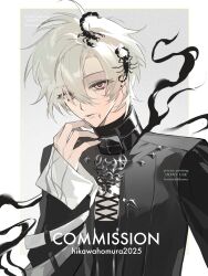  1boy absurdres animal_on_head artist_name black_jacket border commission curtained_hair grey_background hair_between_eyes hair_over_one_eye hand_up highres hikawahomura jacket long_sleeves looking_at_viewer male_focus mihuashi_commission on_head original outside_border parted_bangs parted_lips pink_eyes scorpion short_hair solo stud_piercings upper_body watermark white_border white_hair 