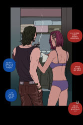  1boy 1girl asymmetrical_hair black_hair bra brown_pants cigarette commentary_request cyberpunk_(series) cyberpunk_2077 from_behind hand_in_pocket highres holding holding_cigarette indoors johnny_silverhand korean_commentary panties pants pink_hair pinkteest purple_bra purple_panties sidecut sweater_vest undercut underwear v_(cyberpunk) valerie_(cyberpunk) 
