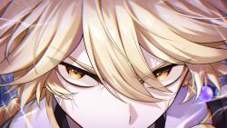 1boy aether_(genshin_impact) angry artist_name black_shirt blonde_hair braid chromatic_aberration commentary_request covered_mouth earrings electricity eye_focus eyelashes eyes_visible_through_hair floating_earrings floating_hair genshin_impact hair_between_eyes jewelry long_hair looking_at_viewer low-braided_long_hair low-tied_long_hair male_focus orange_eyes purple_background sato_nji scarf shirt simple_background single_braid single_earring social_media_composition solo sparkle v-shaped_eyebrows veins watermark white_scarf 
