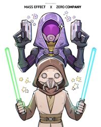  2girls alien blue_lightsaber brown_hood copyright_name crossover dual_wielding energy_sword green_lightsaber gun handgun highres holding holding_gun holding_weapon lightsaber mass_effect_(series) multiple_girls purple_hood quarian silvercandy_gum simple_background star_(symbol) star_wars star_wars_zero_company sword tali'zorah tel-rea_vokoss tognath weapon white_background 