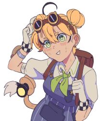  1girl addendium alternate_hairstyle backpack bag blue_overalls blush commentary dooby double_bun earrings english_commentary flashlight goggles goggles_on_head green_eyes green_hair green_neckerchief hair_bun highres hoop_earrings indie_virtual_youtuber jerboa jerboa_tail jewelry neckerchief overalls potato shirt short_eyebrows short_hair solo virtual_youtuber whistle white_background white_hair white_shirt wire 