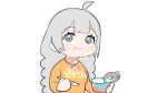 1girl ahoge blunt_bangs blush braid chibi food full_mouth grey_eyes grey_hair highres holding holding_food holding_spoon kizuna_akari long_hair long_sleeves looking_at_viewer nervous orange_shirt partially_translated print_shirt raised_eyebrows shirt simple_background smile solo spoon sweat sweating_profusely tmasyumaro translation_request twin_braids upper_body vocaloid voiceroid white_background yogurt 