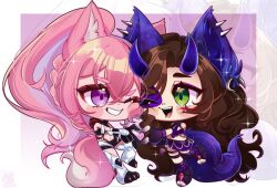  2girls animal_ears barefootellecktric black_gloves black_shorts braid collar colored_inner_hair commentary english_commentary fingerless_gloves four-finger_heart_hands fox_ears fox_girl fox_tail gloves green_eyes hair_between_eyes heart heart_hands hood horns indie_virtual_youtuber long_hair looking_at_another mechanical_legs meicha_(vtuber) miko_png multicolored_hair multiple_girls no_mole one_eye_closed pink_hair pink_tail ponytail purple_gloves purple_hair purple_horns purple_skirt purple_tail shorts skirt smile spiked_collar spikes tail violet_eyes virtual_youtuber wolf_ears wolf_girl wolf_tail 
