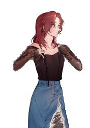  1girl black_shirt blue_skirt character_request closed_mouth collarbone cowboy_shot denim denim_skirt hands_up highres let_ink long_hair long_skirt pale_skin re-blooming red_hair see-through_clothes see-through_sleeves shirt skirt solo white_background yellow_eyes 