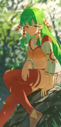  1girl absurdres belt_pouch blurry blurry_background boots brown_boots commentary_request crop_top feena_(grandia) fingernails grandia grandia_i green_eyes green_hair hair_ornament hair_tubes highres jewelry knee_up leaf long_hair long_sleeves looking_at_viewer on_rock orange_shirt pendant pink_skirt pouch red_thighhighs ribbon-trimmed_sleeves ribbon_trim shirt sitting skirt smile solo thigh-highs torn_clothes torn_thighhighs white_sleeves wide_sleeves yaki_tai 