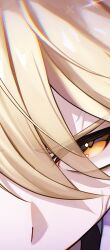  1boy aether_(genshin_impact) angry artist_name black_shirt blonde_hair chromatic_aberration commentary_request covered_mouth eye_focus eyelashes eyes_visible_through_hair genshin_impact hair_between_eyes looking_at_viewer male_focus orange_eyes sato_nji scarf shirt social_media_composition solo sparkle v-shaped_eyebrows veins watermark white_scarf 