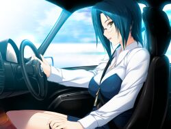  1girl blue_hair breasts car car_interior earrings game_asset glasses iizuki_tasuku jewelry kurokawa_sera large_breasts long_sleeves looking_at_viewer lovely_x_cation motor_vehicle non-web_source pencil_skirt seatbelt shirt short_hair skirt visual_novel_cg white_shirt yellow_eyes 