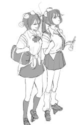  2girls ascot bag black_skirt black_socks breasts cigarette collared_shirt full_body geta hat highres himekaidou_hatate looking_at_another looking_to_the_side medium_breasts miniskirt mochitose_aguri multiple_girls necktie shameimaru_aya shirt short_hair short_sleeves shoulder_bag sketch skirt smoking socks tengu-geta tokin_hat touhou white_shirt white_socks 