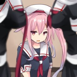  3girls beret black_serafuku black_shirt blurry breast_envy commentary_request depth_of_field harusame_(kancolle) harusame_kai_ni_(kancolle) hat highres hirune_(konekonelkk) kantai_collection multiple_girls murasame_(kancolle) murasame_kai_ni_(kancolle) neckerchief pink_hair red_eyes red_neckerchief sailor_collar scarf school_uniform serafuku shirt side_ponytail solo_focus upper_body white_hat white_sailor_collar white_scarf yuudachi_(kancolle) yuudachi_kai_ni_(kancolle) 