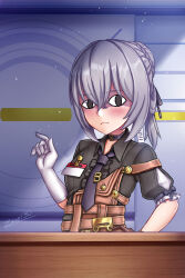  <|>_<|> ... 1girl artist_name black_shirt braid braided_base bronya_zaychik bronya_zaychik_(haxxor_bunny) bronya_zaychik_(old_times) brown_overalls bun_with_braided_base character_name commentary english_commentary gloves grey_eyes grey_hair hair_between_eyes hair_bun hand_on_own_hip hand_up highres honkai_(series) honkai_impact_3rd id_card indoors looking_at_screen necktie overalls puffy_short_sleeves puffy_sleeves shirt short_hair short_sleeves sidelocks signature single_hair_bun solo standing strap_slip textless_version upper_body video_game_dialogue_box white_gloves zero130rider 