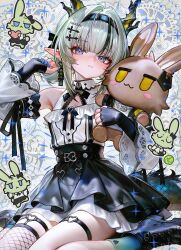  1girl absurdres arknights arknights:_endfield bare_shoulders black_gloves black_streaks blue_eyes blue_nails blunt_bangs boots bow commentary_request detached_sleeves dragon_girl dragon_horns dragon_tail dress earrings eastern_dragon_horns eastern_dragon_tail elbow_gloves fingernails fishnet_thighhighs fishnets full_body gloves green_hair green_horns hair_intakes hair_ornament heart highres horns jewelry light_blush long_hair looking_at_viewer multicolored_hair nekoya_(nekodayo_22) pointy_ears rabbit si_(arknights) single_thighhigh sitting socks solo straight-on streaked_hair stud_earrings tail thigh-highs thigh_strap wariza wide_sleeves 
