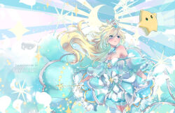  ayasal blonde_hair blue_dress blue_eyes commentary crescent dress earrings english_commentary holding holding_wand jewelry luma_(mario) rosalina sparkle star_(symbol) super_mario_bros. tiara wand 