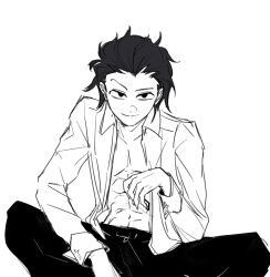  1boy abs belt black_hair black_pants collarbone collared_shirt commentary_request cross-laced_clothes hair_slicked_back haman_0110 hand_up highres hunched_over korean_commentary looking_at_viewer male_focus michael_roa_valdamjong monochrome open_clothes open_shirt pants pectorals shirt simple_background sitting smile solo tsukihime tsukihime_(remake) white_background wing_collar 