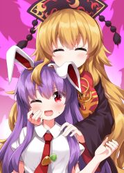  2girls ^_^ animal_ears biting biting_ear black_dress black_hat blonde_hair blush carrot_pin chinese_clothes closed_eyes collared_shirt commentary_request crescent_print dalachi_(headdress) dress energy_tail facing_viewer fox_tail hat height_difference highres junko_(touhou) long_hair long_sleeves looking_at_viewer multiple_girls multiple_tails neck_ribbon necktie one_eye_closed open_mouth puffy_short_sleeves puffy_sleeves purple_hair rabbit_ears rabbit_girl red_eyes red_necktie red_tabard reisen_udongein_inaba ribbon ruu_(tksymkw) shirt short_sleeves sweatdrop tabard tail touhou white_shirt wide_sleeves yellow_ribbon yuri 