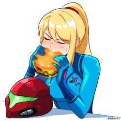  1girl absurdres assault_visor blonde_hair blue_bodysuit blush bodysuit burger closed_eyes commentary eating english_commentary food green_assault_visor hair_between_eyes hairband helmet highres holding holding_burger holding_food long_hair metroid metroid_ravenous ponytail samus_aran sidelocks smgold solo sweatdrop unworn_headwear unworn_helmet white_background zero_suit 