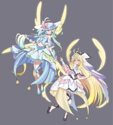  2girls antenna_hair bare_shoulders blonde_hair blue_hair blush bow brooch capelet commentary crop_top cropped_shoulders cure_arcana_(future_form) cure_eclair_(future_form) dress earrings frilled_capelet frilled_cuffs frills full_body gradient_hair grey_background hair_intakes hair_ornament hat hat_ornament heart heart_brooch high_heels highres howa_kurea jewelry large_bow leg_bow long_hair looking_at_viewer magical_girl meitantei_precure! midriff moria_luluka multicolored_hair multiple_girls omeme_mememe open_mouth precure ribbon simple_background smile stomach sun_hat untranslatable_commentary veil very_long_hair violet_eyes white_capelet white_hat white_veil winged_heart wings wrist_cuffs 