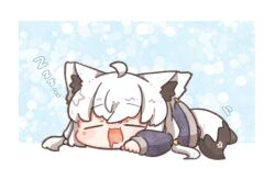  1girl :3 :d ahoge animal_ear_fluff animal_ear_piercing animal_ears blue_background blush_stickers border chibi chibi_only closed_eyes commentary crossed_bangs drooling fox_ears fox_girl fox_tail gentaro_(g_teall) highres hololive long_hair lying mouth_drool on_stomach open_mouth outside_border shirakami_fubuki sleeping smile solo tail untranslatable_commentary virtual_youtuber white_border white_hair zzz 