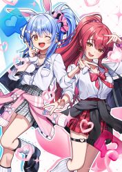  2girls :d ;d absurdres animal_ear_fluff animal_ear_piercing animal_ears black_cardigan black_necktie black_shoes blue_hair bow bowtie cardigan cardigan_around_waist chameleon_(chameleon0613) clothes_around_waist collared_shirt commentary_request double_v earrings extra_ears fur_wrist_cuffs grey_skirt hair_bow hair_ornament hairclip heart heart_earrings heart_o-ring heterochromia highres hololive houshou_marine jewelry kneehighs loafers long_hair looking_at_viewer loose_socks miniskirt multiple_girls necktie o-ring o-ring_thigh_strap official_alternate_costume official_alternate_hairstyle one_eye_closed open_mouth orange_eyes outline parallel_hairclips pendant_choker pink_cardigan pink_scrunchie plaid_clothes plaid_skirt platform_shoes pleated_skirt ponytail rabbit-shaped_pupils rabbit_ears rabbit_girl red_bow red_bowtie red_eyes red_hair red_skirt ribbed_socks school_uniform scrunchie shirt shirt_tucked_in shoes short_eyebrows side_ponytail sidelocks single_wrist_cuff skirt smile socks standing standing_on_one_leg symbol-shaped_pupils teeth thick_eyebrows thigh_strap three-quarter_sleeves upper_teeth_only usada_pekora usada_pekora_(12th_costume) v virtual_youtuber white_outline white_shirt white_socks wrist_cuffs wrist_scrunchie yellow_eyes 