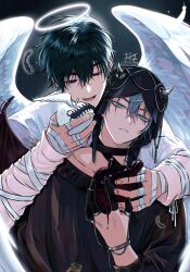  1_8_1_bone 2boys alien_stage angel_wings aqua_eyes bandages black_choker black_eyes black_hair caterpillar_tracks choker dark_background english_commentary feathers glint grey_hair halo highres hood ivan_(alien_stage) looking_at_viewer male_focus multiple_boys open_mouth parted_lips simple_background smile till_(alien_stage) twitter_username upper_body wings 