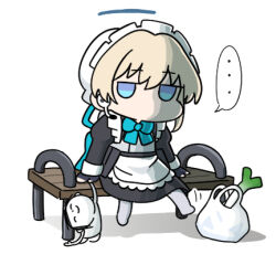  ... 1girl apron bag black_dress black_gloves blonde_hair blue_archive blue_eyes character_doll doll doodle_sensei_(blue_archive) dress fingerless_gloves gloves grey_pantyhose hat headset jitome juliet_sleeves long_sleeves lowres maid maid_apron maid_headdress mob_cap no_shoes nyaru_(nyaru_4126) on_bench pantyhose plastic_bag puffy_sleeves sensei_(blue_archive) shadow simple_background sitting spoken_ellipsis spring_onion toki_(blue_archive) white_apron white_background white_hat 