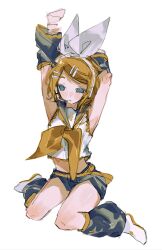  1girl arm_behind_head arms_up bass_clef belt black_sailor_collar bow hair_ornament hairclip headphones headset highres kagamine_rin leg_warmers midriff neckerchief number_tattoo parallel_hairclips sailor_collar shorts solo stretching tattoo treble_clef vocaloid white_background white_bow xewitbrd yellow_belt yellow_neckerchief yellow_trim 