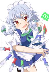 1girl absurdres apron back_bow black_shoes blue_dress blush bomb_item_(touhou) bow braid collared_shirt commentary_request dress frilled_dress frills green_bow green_ribbon grey_hair hair_between_eyes hair_bow highres izayoi_sakuya knife long_hair looking_at_viewer maid maid_headdress neck_ribbon open_mouth pinafore_dress point_item_(touhou) power_item_(touhou) puffy_short_sleeves puffy_sleeves red_eyes ribbon schinfaxi1996 shirt shoes short_sleeves sleeveless sleeveless_dress socks solo sweat touhou twin_braids waist_apron white_apron white_bow white_shirt white_socks 