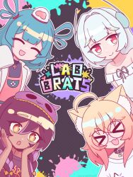  >_< 4girls :d :o animal_ears aqua_hair black_collar black_hair blonde_hair brain cat_ears cat_girl chrchie collar commentary cross-shaped_pupils dark-skinned_female dark_skin ellie_minibot english_commentary exposed_brain folded_twintails glasses hair_between_eyes hair_intakes highres indie_virtual_youtuber lab_brats long_hair minikomew multicolored_hair multiple_girls open_mouth purple_hair radio_antenna red_eyes shirt shoomimi short_hair sleep_mask smile streetysnail symbol-shaped_pupils virtual_youtuber white_hair white_shirt yellow_eyes 