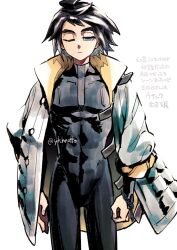  absurdres artist_name black_bodysuit black_hair bodysuit collared_jacket covered_abs green_jacket highres jacket mikazuki_augus one_eye_closed open_clothes open_jacket signature spiky_hair toned toned_male twitter_username ykhrotto 