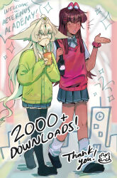  2girls aeternus animal_ear_fluff animal_ears black_pantyhose black_skirt brown_hair cardigan collared_shirt commentary dandelion dandelion_clock dark-skinned_female dark_skin demeter_(aeternus) drink english_commentary eyepatch flower flower_on_head fox_ears fox_girl goomyloid green_cardigan grey_hair hair_ornament hairclip hestia_(aeternus) highres holding holding_drink leg_warmers long_hair medical_eyepatch multiple_girls official_artist_extra one_eye_covered pantyhose pink_scrunchie pink_sweater_vest scrunchie shirt skirt sweater_vest thank_you white_leg_warmers white_shirt wrist_scrunchie 