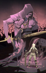  2others absurdres armor blonde_hair boots bracelet chromatic_aberration commentary dan.liimatta english_commentary fantasy from_behind full_body gloves half_updo highres holding holding_sword holding_weapon hood jewelry long_hair long_sleeves monster multiple_boys multiple_others open_mouth original pants planted planted_sword ring shoulder_armor skull standing sword tongue tongue_out weapon 