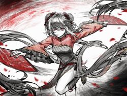  1girl absurdres an233gle black_dress black_hair chinese_clothes chinese_commentary commentary_request double_bun dress dual_wielding folding_fan foot_out_of_frame frilled_sleeves frills hair_bun hand_fan highres holding holding_fan jia_xichun_(project_moon) knee_up limbus_company limited_palette long_hair long_sleeves multicolored_hair pink_eyes project_moon qipao red_shrug red_sleeves rope_belt shrug_(clothing) smile solo streaked_hair twintails twitter_username white_background white_streaks 