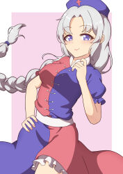  1girl absurdres ayuyu_yuka03 belt border braid breasts closed_mouth commentary_request cowboy_shot cross cross_print dot_nose dress dutch_angle frilled_dress frills grey_hair hair_tie hand_on_own_hip hand_up hat highres long_hair looking_at_viewer low_ponytail medium_breasts multicolored_dress nurse_cap outside_border parted_bangs pink_background ponytail purple_dress purple_hat red_cross red_dress short_sleeves sidelocks simple_background smile solo standing touhou two-tone_dress very_long_hair violet_eyes white_belt white_border yagokoro_eirin 