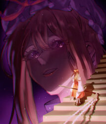  2girls blonde_hair bow brown_hair commentary detached_sleeves giant giantess gohei grin hair_between_eyes hair_bow hair_tubes hakurei_reimu hat hat_ribbon highres holding holding_gohei long_hair mob_cap multiple_girls neat_ad4816 red_bow red_ribbon red_skirt ribbon shadow skirt skirt_set smile stairs touhou untranslatable_commentary violet_eyes yakumo_yukari 