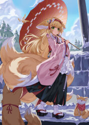  1girl absurdres animal animal_ear_fluff animal_ears apron arknights bird blonde_hair brown_sash closed_mouth commentary_request flower fox fox_ears fox_girl fox_tail full_body green_eyes hairband highres holding holding_umbrella inmvcd japanese_clothes kimono kitsune kyuubi long_hair multiple_tails obi official_alternate_costume official_alternate_hairstyle oil-paper_umbrella pink_kimono red_hairband red_umbrella sandals sash smile snow socks solo suzuran_(arknights) suzuran_(yukibare)_(arknights) tail umbrella very_long_hair white_apron white_flower white_socks yellow_flower 