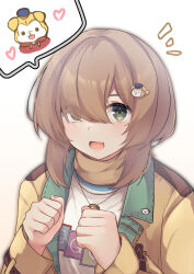  1girl biiru blush brown_hair character_hair_ornament commentary_request dogenzaka_runa eyes_visible_through_hair fang green_eyes hair_ornament heart highres jacket long_hair long_sleeves looking_at_viewer open_clothes open_jacket open_mouth persona persona_5 persona_5:_the_phantom_x shichi-kun simple_background skin_fang solo white_background yellow_jacket 