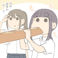  2girls arm_up baguette bread brown_background brown_hair collared_shirt dress_shirt eating food grey_skirt hana_(juukyuu) holding holding_food juukyuu kaede_(juukyuu) long_hair low_ponytail motion_lines multiple_girls original pleated_skirt ponytail school_uniform shading_eyes shirt short_sleeves skirt solid_circle_eyes translation_request two-tone_background white_background white_shirt 