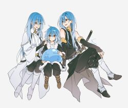  1other black_pants black_shirt blue_hair boots brown_boots cheek_poking closed_mouth coat commentary detached_sleeves hair_between_eyes highres invisible_chair long_hair looking_at_another multiple_views open_mouth pants poking rimuru_tempest rimuru_tempest_(slime) shirt shirt_tucked_in simple_background sitting slime_(creature) smile sword tempestkuma tensei_shitara_slime_datta_ken weapon white_background white_boots white_coat wide_sleeves yellow_eyes 