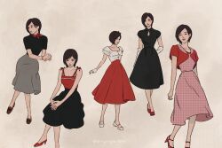  1girl ada_wong artist_name bare_arms black_dress black_hair black_shirt black_skirt bow bow_hairband bracelet brown_shoes closed_mouth cropped_jacket dress english_commentary fashion foot_out_of_frame full_body gloves grey_skirt hairband heart high_heels highres invisible_chair jacket jewelry multiple_views necklace own_hands_together parted_lips pearl_necklace pink_dress pink_lips puffy_short_sleeves puffy_sleeves red_bow red_hairband red_jacket red_lips red_shirt red_shoes red_skirt resident_evil ryoujai shirt shoes short_hair short_sleeves simple_background sitting skirt smile standing white_gloves white_shirt white_shoes 