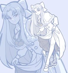  1girl :p absurdres albino black_collar bow bowing capelet coat collar commentary curtsey different_zoom_layer dress english_commentary fur-trimmed_capelet fur_trim hair_bow half_updo highres holding_own_dress limited_palette long_hair looking_at_viewer melty_blood melty_blood:_twi-lumina pointy_ears red_eyes red_seiryu ribbon smile smug solo thigh-highs tongue tongue_out trench_coat tsukihime tsukihime_(remake) white_bow white_capelet white_coat white_hair white_len_(tsukihime) white_theme white_thighhighs zoom_layer 