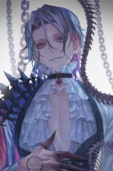  1boy black_choker black_hands blue_eyes blue_hair blurry blurry_background bug centipede chain chest_harness choker collarbone colored_extremities curtained_hair earrings eyeshadow fangs frilled_shirt frilled_shirt_collar frills gavis_bettel gavis_bettel_(2nd_costume) grey_hair hair_ornament hand_chains hand_on_own_chest harness heterochromia highres holostars holostars_english jewelry looking_at_viewer makeup male_focus medium_hair multiple_rings o-ring official_alternate_costume parted_lips partially_unbuttoned pectoral_cleavage pectorals pendant_choker pink_eyes pink_hair ring sekiikei shirt side_cape smile solo straight-on stud_earrings upper_body virtual_youtuber white_background white_shirt 