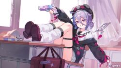  1girl :d absurdres black_cardigan black_hat brown_shoes cardigan chair classroom commentary english_commentary grin guest_art gun hair_between_eyes hair_rings hat highres holding holding_gun holding_weapon hololive hololive_english indoors jewel_under_eye koseki_bijou koseki_bijou_(serafuku) leg_warmers loafers long_hair_between_eyes looking_at_viewer metal_wings miniskirt namiorii neckerchief official_alternate_costume official_alternate_hairstyle on_chair pebble_(koseki_bijou) pleated_skirt purple_hair purple_neckerchief school_uniform serafuku shirt shoes short_hair sitting skirt smile solo violet_eyes virtual_youtuber weapon white_leg_warmers white_serafuku white_shirt white_skirt 