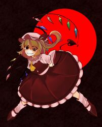  1girl absurdres amakara_(pixiv_118559633) ascot back_bow blonde_hair bow collared_shirt commentary_request crystal crystal_wings demon_tail eyes_visible_through_hair flandre_scarlet frilled_shirt_collar frilled_skirt frills full_moon grin hat hat_ribbon highres laevatein_(touhou) looking_at_viewer mary_janes mob_cap moon multicolored_wings night one_side_up puffy_short_sleeves puffy_sleeves red_eyes red_moon red_shoes red_skirt red_vest ribbon shirt shoes short_sleeves skirt skirt_set smile socks solo tail touhou vest white_bow white_hat white_shirt white_socks wings yellow_ascot 