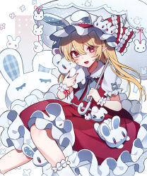  1girl absurdres animal_ears blonde_hair bow bowtie collared_shirt commentary_request crystal crystal_wings fang flandre_scarlet frilled_shirt_collar frilled_skirt frills grey_bow grey_bowtie hat hat_ribbon highres holding holding_umbrella looking_at_viewer mob_cap multicolored_wings one_side_up pointy_ears puffy_short_sleeves puffy_sleeves rabbit_ears red_eyes red_skirt red_vest ribbon samon_(vxxr8575) shirt short_sleeves skin_fang skirt skirt_set socks solo stuffed_animal stuffed_rabbit stuffed_toy touhou umbrella vest white_hat white_shirt white_socks wings 
