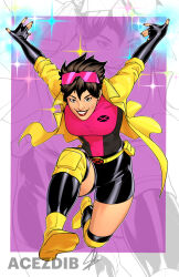  1girl acezdib artist_name belt black_gloves black_hair black_nails black_shorts border brown_eyes commentary commission eyewear_on_head fingerless_gloves fingernails floating_hair gloves grin highres jacket jubilee_(marvel) lips looking_at_viewer marvel open_clothes open_jacket outside_border pink-tinted_eyewear red_lips short_hair shorts signature smile solo sunglasses superhero_costume tinted_eyewear white_border x-men yellow_belt yellow_jacket 