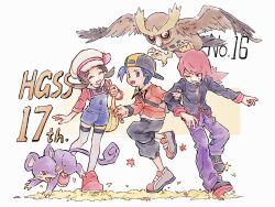  1girl 2boys anniversary backwards_hat bag black_pants black_shoes commentary_request ethan_(pokemon) grey_shoes hat highres jacket leaf long_hair lyra_(pokemon) multiple_boys noctowl overalls pants pokemon pokemon_(creature) pokemon_heartgold_and_soulsilver purple_pants rattata red_jacket shirt shoes silver_(pokemon) standing tan_carbonnn thigh-highs white_hat yellow_bag 